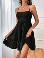 Chiffon Dress Plain Ruffle Shirred Spaghetti Strap Midi Dress Casual Sleeveless