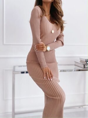 Casual Warm Daily Pure Color Long Sleeve V Neck Sweater Dress khaki